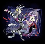 beetlejuice beetlejuice_(character) chimera clothed clothed_feral clothing cosplay cottonvalent crossover crossover_cosplay discord_(mlp) duo equid equine feathered_wings feathers female feral fluttershy_(mlp) flying friendship_is_magic grey_body hair hasbro hi_res horn horse looking_at_viewer lydia_deetz male male/female mammal my_little_pony mythological_creature mythological_equine mythology pattern_clothing pegasus pink_hair pony purple_clothing purple_shirt purple_topwear shirt smile striped_clothing stripes topwear wings yellow_body yellow_eyes