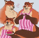 2024 anthro apron belly black_nose blue_eyes blush canid canine clothing disney food fox gideon_grey heart_symbol hi_res male mammal overweight overweight_male pastry pie red_fox simple_background smile solo thediyemi true_fox zootopia