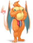 2024 absurd_res anthro areola barazoku barefoot belly biceps big_belly big_bulge big_muscles big_pecs bodily_fluids bulge charizard claws cldmkr clothed clothing detailed_bulge emanata feet fire flaming_tail generation_1_pokemon genital_fluids hand_on_belly hi_res horn huge_bulge huge_muscles looking_at_viewer male musclegut muscular muscular_anthro muscular_male navel nintendo nipples non-mammal_nipples pecs pokemon pokemon_(species) precum precum_through_clothing precum_through_speedo precum_through_swimwear shadow signature simple_background smile solo speedo standing swimwear tail thick_thighs topless topless_anthro topless_male wet wet_clothing white_background wings