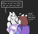 alternate_species anthro big_breasts boss_monster_(undertale) bovid breasts brown_hair caprine clothed clothing comic duo english_text female frisk_(undertale) fur goat hair horn huge_breasts long_ears mammal robertge simple_background text toriel undertale undertale_(series) white_body white_fur