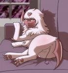 2017 absol anus blush bodily_fluids butt claws digital_media_(artwork) female feral fur furniture generation_3_pokemon genital_fluids genitals half-closed_eyes heart_symbol heterochromia hi_res looking_at_viewer mammal masturbation narrowed_eyes nintendo pokemon pokemon_(species) presenting pussy rymherdier sex_toy smile sofa solo space tongue tongue_out toying_self vaginal vaginal_fluids vaginal_masturbation vibrator white_body white_fur