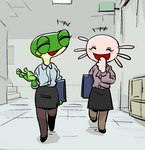 amphibian anthro axolotl chatting clothed clothing crossbar_emanata duo emanata eyes_closed female frog green_body guran_ji_(shurueder) laugh marine mole_salamander pink_body salamander shurueder walking