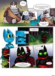 adolescent adorabat adult_(lore) aged_up anthro anthrofied badger badgerclops bat blue_body cartoon_network clothing colored comic dark_body dark_skin dialogue female forest group hi_res katana male mammal mao_mao:_heroes_of_pure_heart melee_weapon mustelid musteline onomatopoeia pegleg plant ruddyrzaq sheriff_mao_mao_mao sound_effects spanish_text sword text translated tree weapon young