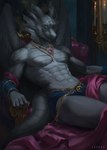 Rating: s
ID: 5460527
Date: 2025-03-27 19:14:22 -0400
Status: active
Score: 51
abs anthro bottomwear cape chair claws clothing dark_background detailed_shading dominant dragon fantasy furniture glowing glowing_eyes golden_accessories horn imposing jewelry levsha loincloth luxurious male muscular muscular_male mythological_creature mythological_scalie mythology pose powerful regal royalty scales scalie seductive sensual sharp_teeth sitting smug smug_expression smug_grin solo tail teeth throne wings post #5460527