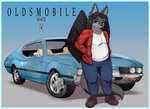 anthro ash_clinker belly black_hair black_wings blue_bottomwear blue_car blue_clothing blue_eyes blue_jeans blue_pants boots bottomwear brown_boots brown_clothing brown_footwear canid canine canis car classic_car clothing denim denim_bottomwear denim_clothing flannel flannel_jacket flannel_shirt fluffy fluffy_tail footwear fur grey_body grey_fur grey_tail hair hand_in_pocket hands_in_both_pockets happy hi_res jeans long_hair male mammal muscle_car oldsmobile pants pockets romancruzzz shaded shirt shoes simple_background simple_shading slightly_chubby slightly_chubby_male smile solo t-shirt tail topwear vehicle white_clothing white_shirt white_t-shirt white_topwear wings wolf