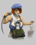 2024 5_fingers anthro barber beret big_breasts black_nose breast_pillow breasts clothed clothed_anthro clothed_female clothed_male clothing crop_top dreadlocks duo erect_nipples eyes_closed felid female fingers fur grey_body grey_fur hair hair_over_eye hat head_on_breast headgear headwear hi_res humanoid_hands ipoke lion looking_down_at_another male male/female mammal midriff mikia_(tygon) nipple_outline nipples nozzle pantherine procyonid raccoon red_hair shirt smile spraying spraying_water tan_body tan_fur topwear wet wet_clothing wet_shirt wet_topwear