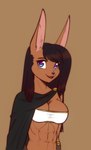 abs anthro black_hair blue_eyes breasts brown_body brown_fur canid canine canis clothing eyebrows eyelashes female fur hair hi_res inner_ear_fluff jackal jade_(scorpdk) looking_at_viewer mammal open_mouth pupils purple_pupils scorpdk solo topwear tube_top tuft