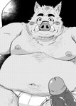 2024 anthro belly big_belly blush bulge clothing duo erection eyewear glasses hi_res kemono male male/male mammal monochrome moobs navel nipples overweight overweight_male shintatokoro solo_focus suid suina sus_(pig) underwear wild_boar