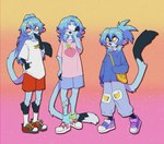 80's_theme absurd_res anthro astra_lupus banana blindfold blue_body blue_fur blue_hair brother_(lore) brothers_(lore) clothed clothing food footwear fruit fur group gwendolyn_stellas hair haplorhine hi_res leonis_stellas long_hair long_tail male mammal mango_(fruit) monkey nebula_stellas peach_(fruit) plant primate retro shoes sibling_(lore) sinfrou tail trio yellow_eyes