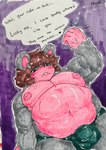 abs anthro blush bodily_fluids brown_hair bulge detailed_bulge dirty_talk drooling fist fur grey_body grey_fur hair hi_res imminent_rape khrunkisillegal low-angle_view male mammal marker_(artwork) murid murine musclegut muscular muscular_anthro muscular_male nipples pecs pink_body puffy_nipples purple_background rape_face rat rodent roque_(khrunkisillegal) saliva saliva_string simple_background solo traditional_media_(artwork) vein