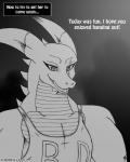 2016 anthro clothed clothing comic dragon english_text grey_background hi_res horn if_hell_had_a_taste male monochrome muscular muscular_anthro muscular_male mythological_creature mythological_scalie mythology open_mouth scales scalie scar shirt simple_background skylar_fidchell text topwear viroveteruscy