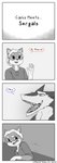 2021 absurd_res anthro black_nose bodily_fluids canid canine canis canis_(canisfidelis) canisfidelis clothing comic dialogue disgust domestic_dog english_text eyebrows hair hi_res humor male mammal monochrome motion_lines mouth_shot open_mouth saliva saliva_on_tongue sergal shiba_inu shirt short_hair simple_background smile solo speech_bubble spitz standing teeth text tongue topwear