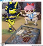 absurd_res animal_crossing ankha_(animal_crossing) anthro blue_hair bow_ribbon clothed clothing digital_media_(artwork) domestic_cat duo egyptian eyewear felid feline felis female food fur gesture glasses grill hair hand_gesture hi_res human independence_day_(argentina) jackintaro looking_at_viewer mammal mate_(beverage) meat meme nintendo outside pink_hair ponytail shirt smile soccer_uniform sportswear text thumbs_up topwear uniform url villager_(animal_crossing) yellow_body