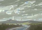 2018 air_creature ambiguous_gender animate_inanimate brontosaurus cloud day digital_media_(artwork) dinosaur diplodocid elemental_creature feral group hi_res hill john_conway landscape living_tornado mountain outside plant prehistoric_species procreate_(artwork) reptile river sauropod sauropodomorph scalie size_difference sky surrealism tornado tree trio