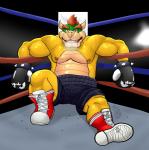 2_horns anthro biceps biped black_bottomwear black_clothing blood bodily_fluids bottomwear bowser boxing boxing_gloves bracelet clothed clothing exhausted fighting_ring footwear hair handwear hi_res horn hunterpornokami jewelry koopa male mario_bros muscular muscular_anthro muscular_male nintendo nipples nosebleed open_mouth pecs red_hair scalie shoes shorts solo spiked_bracelet spikes sport sweat topless