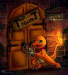 2012 absurd_res ambiguous_gender chain charmander claws digital_media_(artwork) door english_text feral fire flaming_tail generation_1_pokemon green_eyes haychel hi_res key lock nintendo open_mouth orange_body orange_skin pokemon pokemon_(species) pokemon_mystery_dungeon reptile scalie scarf secret sign solo spike_chunsoft tail text toe_claws url warm_colors