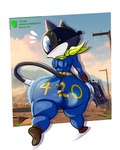 10mm 420_(number) 4:5 absurd_res atlus bethesda_game_studios big_butt black_body black_fur blue_eyes blue_jumpsuit blush blush_lines bodily_fluids bottom_heavy bouncing_butt bulge bulge_from_behind butt butt_jiggle clothing cloud detailed_background domestic_cat fallout felid feline felis fur gameplay_mechanics glossy_body gui gun handgun health_bar hi_res holding_gun holding_handgun holding_object holding_pistol holding_ranged_weapon holding_weapon huge_butt jiggling kerchief looking_back male mammal markings mask megami_tensei microsoft monana-yo1 morgana_(persona) onomatopoeia open_mouth outside persona_(series) persona_5 pistol ranged_weapon rear_view sega shocked short_stack skintight_suit small_waist solo sound_effects sunset sweat sweatdrop tail tail_markings text thick_thighs tight_clothing tuxedo_cat vault_boy vault_suit walking wasteland weapon white_body white_fur