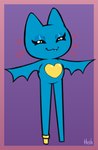 adorabat anthro artist_name bat bat_wings big_ears big_legs blue_body blue_ears blue_fur blue_wings blush border cartoon_network cute_fangs eyelashes eyes_closed fangs female fur genitals heart_symbol heshieokf hi_res long_legs mammal mao_mao:_heroes_of_pure_heart membrane_(anatomy) membranous_wings opens_mile pegleg purple_background purple_border signature simple_background solo teeth teeth_showing winged_arms wings young