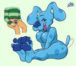 anthro blue's_clues blue_(blue's_clues) blue_body breasts canid canine canis domestic_dog faceless_character faceless_male feet female footprint human lazzylad looking_at_viewer male mammal markings nickelodeon open_mouth pawpads pawprint soles spots spotted_markings steve_(blue's_clues) tail tail_motion tailwag toes