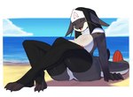 anthro beach big_breasts breasts catfish clothing day eyes_closed female fish front_view genitals hi_res legwear marine namo_(claweddrip) nipples non-mammal_breasts non-mammal_nipples nun_habit pussy religious_clothing sea seaside sitting sky solo thigh_highs vinael water whiskers