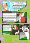 absurd_res anthro backpack bench canid canine city city_background clothed clothing comic detailed_background dialogue dialogue_box electronics english_text fennec_fox fox green_campus_university heterochromia hi_res male mammal mokamoshi phone phone_screen plant profanity simple_background sitting solo text tree true_fox