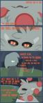 2016 anthro bound cave cloak clothed clothing comic dialogue digital_media_(artwork) duo english_text fur grass green_eyes grey_body grey_skin hair hi_res human light light_beam looking_at_viewer male mammal melee_weapon monster open_mouth orange_eyes orange_text orb outside plant restricted_palette shane_frost smile standing sword teeth ter_(sword_breaker) text tongue trapped tree weapon yelling