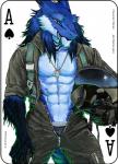 2017 abs ace_of_spades anthro armor blue_body blue_fur card card_template clothed clothing copyright_symbol digital_media_(artwork) disciplewinter fonyaa fur headgear helmet male muscular muscular_anthro muscular_male pecs playing_card playing_card_template sergal simple_background smile solo spades_(suit) suit_symbol symbol