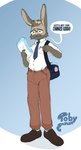 absurd_res anthro bottomwear brown_body brown_fur clean_diaper clothed clothing dialogue diaper diaper_bag diaper_under_clothing english_text eyes_closed eyewear facial_hair footwear fur glasses hi_res holding_diaper lagomorph leporid male mammal mature_anthro mature_male necktie pants rabbit shirt shoes simple_background solo speech_bubble standing text toby_tiger topwear touching_diaper wearing_diaper