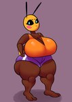 antennae_(anatomy) anthro arthropod bee big_breasts blue_eyes bottomwear breasts clothing female hi_res huge_breasts hymenopteran insect jovi_cap lambee_(jovi_cap) shirt short_stack shorts solo thick_thighs topwear