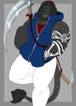 2019 alexander_black_raion anthro big_muscles black_body black_fur black_hair bottomwear clothing felid fur hair hand_in_pocket hi_res hoodie lion male mammal mc_morrales melee_weapon mouth_piercing muscular pantherine pants partially_unzipped pockets polearm scythe shirt skeleton_motif sleeveless_hoodie solo tattoo topwear weapon white_tattoo