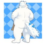 1:1 anthro belly blush butt canid canine canis covering covering_crotch domestic_dog embarrassed fur hi_res lifewonders live_a_hero male mammal nordic_sled_dog nude overweight rear_view samoyed solo spitz topknot white_body white_fur yaki_atsuage yohack