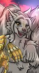 ankh anthro canid canine claws ear_piercing eye_of_horus eye_of_ra facial_piercing female fox hi_res inner_ear_fluff lip_piercing mammal mechanical_arm neck_tuft piercing shinethefox smile solo sunset tuft yellow_eyes