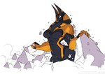 2020 abs anthro anubian_jackal black_body breasts canid canine canis conditional_dnp empty_eyes featureless_breasts female genitals jackal jollyjack kaiju macro mammal muscular muscular_anthro muscular_female orange_body pussy pyramid restricted_palette solo white_eyes