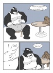 anthro bear biceps breakfast brown_body brown_fur bulge cetacean chair clothed clothing comic dialogue dolphin english_text fur furniture growth hand_on_belly kitchen male mammal marine multicolored_body muscular muscular_anthro muscular_male navel oceanic_dolphin orca pecs plate sitting stupidgit table text toothed_whale