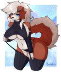 big_breasts blue_eyes breasts clothing clothing_pull female generation_7_pokemon hi_res looking_at_viewer lycanroc meme meme_clothing nintendo papercut_(character) pokemon pokemon_(species) smile solo text under_boob url virgin_destroyer_sweater yumiiefox