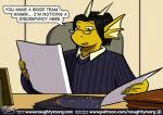 2018 anthro black_hair clothing comic dialogue digital_media_(artwork) dragon ear_fins english_text eyewear fin glasses hair horn inside male mythological_creature mythological_scalie mythology naughtymorg patreon patreon_logo scales scalie shirt signature solo speech_bubble stuart_(naughtymorg) text topwear url yellow_body yellow_scales