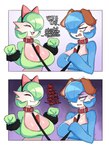 2024 2_panel_comic absurd_res bdsm big_breasts blue_body blue_hair blush body_blush breast_blush breasts cleavage clothed clothing collaboration collar colored cute_fangs dialogue digital_media_(artwork) duo english_text fake_cat_ears fake_dog_ears fake_ears female gardevoir generation_3_pokemon green_body green_hair hair hair_over_eye happy hi_res humanoid leash leash_pull leashed_collar master narrowed_eyes nintendo not_furry petplay pokemon pokemon_(species) profanity questionable_consent roleplay saltyxodium scared shaking shiny_pokemon smile smug talking_to_another text trembling white_body wozzu1 wristband