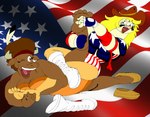 2016 2_horns 4th_of_july 5_fingers 5_toes accessory accipitrid accipitriform afro american_flag anthro avian beak biped bird bison blonde_hair blue_eyes boots bovid bovine breasts brown_body brown_eyes brown_fur brown_hair clothed clothing cowboy_hat duo eagle eyelashes feather_in_hair feathers feet female female/female fingerless_gloves fingers football_gear footwear fur gloves hair hair_accessory handwear hat headgear headwear hi_res holidays horn humanoid_feet laugh looking_at_another mammal one_eye_closed one_shoe_on open_mouth open_smile orange_beak plantigrade ralftheralfman shoes smile teeth thin_eyebrows tickle_fetish tickle_fight tickling tickling_feet toes tongue united_states_of_america white_body white_boots white_clothing white_feathers white_footwear