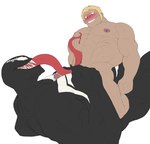 2022 abs anthro biceps biped black_body blonde_eyebrows blonde_hair blue_eyes blush bodily_fluids colored eddie_brock eyebrows foreskin genital_fluids genitals glans hair hi_res human humanoid_hands islate_(artist) long_tongue male male/male mammal marvel monster_on_human monster_on_male muscular muscular_anthro muscular_human muscular_male muscular_thighs navel nipples pecjob pecs penis precum red_glans red_nipples sex short_hair simple_background tan_body tan_skin tongue tongue_out triceps venom_(marvel) white_background