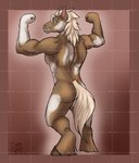 2017 anthro brown_body brown_fur butt dated equid equine full-length_portrait fur green_eyes grin hair hi_res horse looking_at_viewer male mammal muscular muscular_anthro muscular_male nude portrait pose rear_view signature simple_background smile solo standing tail tan_hair tan_tail tiggybloom white_body white_fur