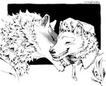 affectionate anthro big_bad_wolf_(shrek) black_and_white blush canid canine canis cheek_tuft clothing death_(puss_in_boots) detailed detailed_fur dreamworks duo facial_markings facial_tuft fangs fluffy fur fuzzy grin hat head_markings headgear headwear intraspecies love male male/male mammal markings mask_(marking) monochrome narrowed_eyes neck_tuft nightcap nightgown nuzzling portrait puss_in_boots_(dreamworks) red_eyes romantic romantic_couple scribbleshanks shrek_(series) signature simple_background size_difference smile teeth tuft wolf