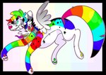 2017 abstract_background ambiguous_gender canid canine cel_shading collar digital_drawing_(artwork) digital_media_(artwork) digitigrade feathered_wings feathers feral feral_with_hair full-length_portrait fur green_pawpads grey_wings grin hair jaspering mammal multi_eye multicolored_body multicolored_fur multicolored_hair multicolored_tail neck_mouth orange_pawpads pawpads paws portrait rainbow_body rainbow_collar rainbow_fur rainbow_hair rainbow_tail red_pawpads scene_haircut shaded smile snout solo sparklefur surgical_suture tail tapering_tongue teeth tongue tongue_out whisker_spots white_body white_fur wings yellow_pawpads