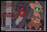 anthro brown_body brown_fur caught_in_the_act dialogue english_text ferro_(infinitydoom) fur green_eyes grey_body grey_fur infinitydoom male male/male nonbinary_(lore) prison public public_sex red_eyes sex story story_in_description text