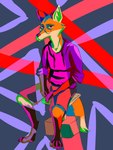 abstract_background anthro bottomwear canid canine clothed clothing digital_media_(artwork) eyewear fox fur glasses hi_res hoodie looking_at_viewer male mammal orange_body orange_fur piston red_fox shorts simple_background solo tail topwear true_fox vulpiro white_body white_fur yellow_body