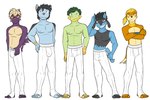 3:2 anthro anthrofied buizel clothed clothing crossed_arms fuze generation_4_pokemon grotle group hi_res luxio male navel nintendo nipples pokemon pokemon_(species) pokemorph riolu simple_background skyler_(fuze) stirrup_leggings stirrup_legwear stunky thumb_in_waistband topless white_background