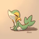 1:1 2024 3_fingers advos ambiguous_gender anthro countershade_torso countershading digital_media_(artwork) eyes_closed fingers front_view generation_5_pokemon green_body green_tail nintendo on_ground pokemon pokemon_(species) simple_background sitting sitting_on_ground snivy solo tail