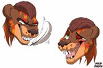 2023 anthro bared_teeth black_nose blush bodily_fluids brown_body brown_fur brown_hair clenched_teeth countershade_face countershade_fur countershading evil_face evil_grin evil_look felid fur green_eyes grey_hair hair headshot_portrait hi_res laugh lion looking_up male mammal multicolored_body multicolored_fur one_eye_closed open_mouth pantherine pink_tongue portrait red_blush round_ears sharp_teeth short_hair signature simple_background smile snout solo tears teeth teeth_showing tickling tongue two_tone_body two_tone_fur undeadsparrow white_background