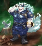 absurd_res anthro axe blue_body blue_fur boots box canid canine canis cjk_character clothing combat_boots container footwear fur gift_box happy hi_res lifewonders male mammal oguchi_magami_(tas) police police_hat police_officer police_uniform ramune1312 shoes solo tokyo_afterschool_summoners uniform wolf