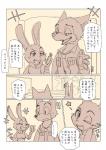 anthro border canid canine comic dialogue digital_media_(artwork) disney duo ellipsis exclamation_point female fox fur half-closed_eyes hi_res japanese_text judy_hopps lagomorph leporid long_ears male mammal map mo_to_i_chi monochrome narrowed_eyes nick_wilde one_eye_closed open_mouth pawpads rabbit red_fox restricted_palette sitting smile speech_bubble teeth text tongue translated true_fox white_border wide_eyed wink zootopia