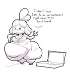 2019 animal_crossing anthro band-aid band-aid_on_face bandage bandage_on_face big_breasts black_text bottomwear breasts button_(fastener) canid canine canis clothed clothed_anthro clothed_female clothing countershade_face countershade_fur countershading dessert dialogue digital_drawing_(artwork) digital_media_(artwork) domestic_dog doughnut doughnut_box eating english_text eyebrow_through_hair eyebrows eyelashes female female_anthro food footwear front_view full-length_portrait fur greyscale hair hi_res huge_thighs isabelle_(animal_crossing) jacket leaning leaning_against_wall maddeku mammal midriff monochrome navel nintendo obese obese_anthro obese_female overweight overweight_anthro overweight_female pastry pencil_skirt pockets portrait pumps raised_eyebrow rude shaded shih_tzu shoes simple_background sketch skirt solo spiked_hairband talking_to_viewer text thick_thighs three-quarter_view topwear toy_dog translucent translucent_hair weight_gain white_background